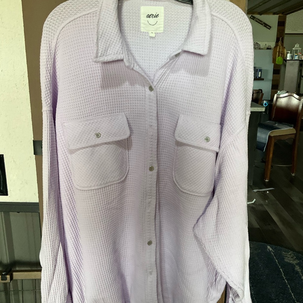 aerie Lavender Waffle Knit Button-Down Shirt